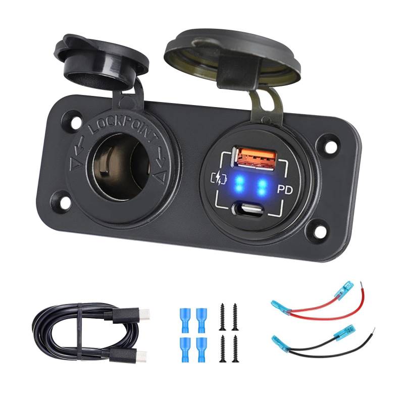 JaneYi 12V Steckdose USB und Zigarettenanzünder Panel PD&QC3.0 USB-A Typ-C 48W KFZ Ladegerät Wasserdicht Schnellladeadapter Mit Dual Type-C Ladekabel für Auto Motorrad Camper Wohnmobile von JaneYi