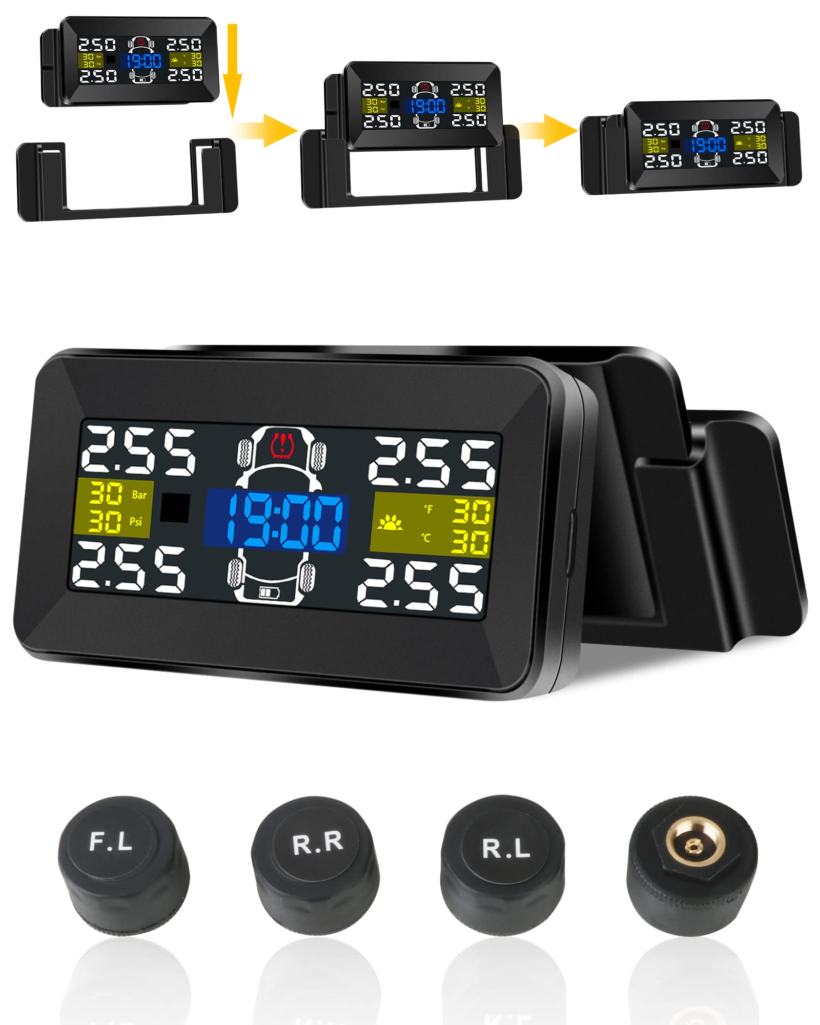 【2023 Neueste】TPMS Reifendruckkontrollsystem mit Freistehende Halterung Großer Bildschirm Kabellos Reifendrucküberwachungsystem 0.01Bar Solar/Type-C Ladung mit 4 Externen Reifendrucksensor 21-87Psi von Jansite