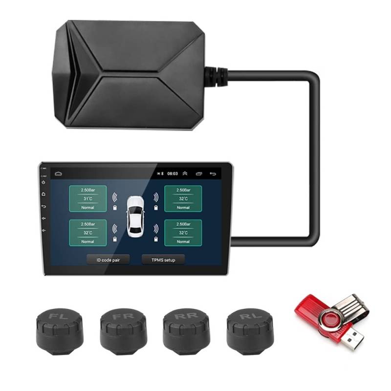 Jansite USB TPMS Reifendruckkontrollsystem, Reifendruck-Alarmsystem für das Auto Android Navigation Player mit 4 Wasserdichten externen Sensoren von Jansite