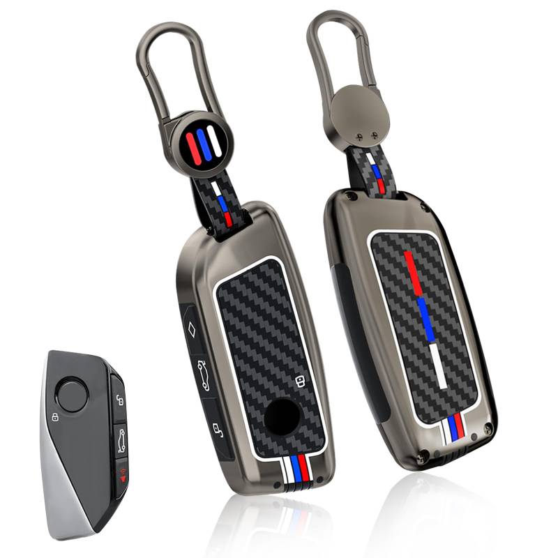 Jaronx Kompatibel mit BMW Schlüsselanhänger X5 X6 2024/2 3 5 7 X1 X7 iX i7 XM 2023–2024, für BMW Metall-Schlüsselhalter mit Kohlefaser-Muster, Silikon-Gummi, Fernbedienungsschlüssel-Abdeckung für von Jaronx