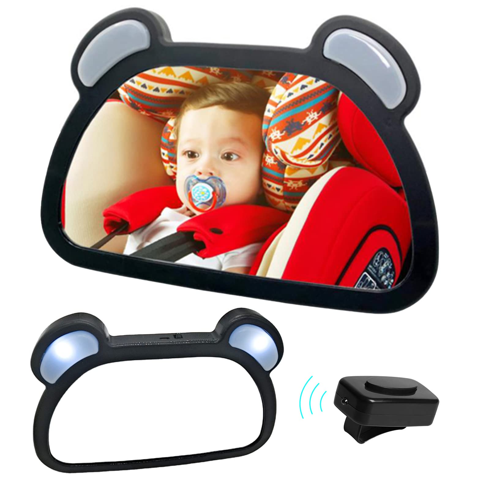 Rücksitzspiegel für Baby, 360° Schwenkbar Auto Baby Spiegel mit Nachtlicht und Haken,Bruchsicherer Rückspiegel für Kindersitz und Babyschale,für allerlei Kopfstützen,Stabil und Leicht Einzustellen von Jauhmui