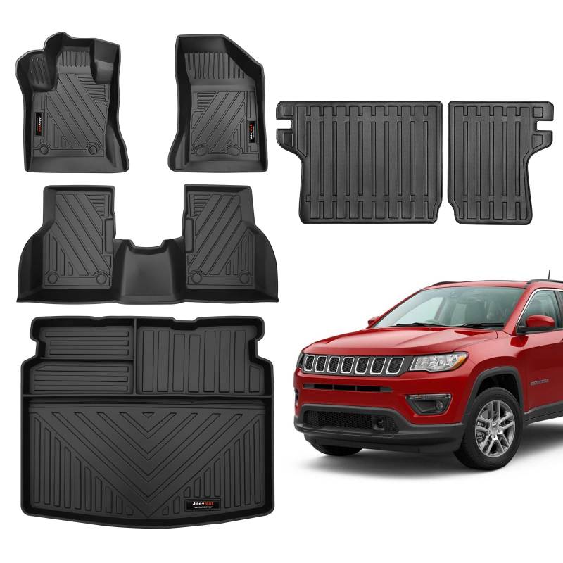 Jdeymat Passgenaue 2017–2023 Jeep Kompass Fußmatten Cargo Kofferraumwanne und Rückenlehne Matte Allwetter Gummi Jeep Kompass Zubehör (Bodenmatten + Cargo Liner + Rückenlehnenmatte) von Jdeymat