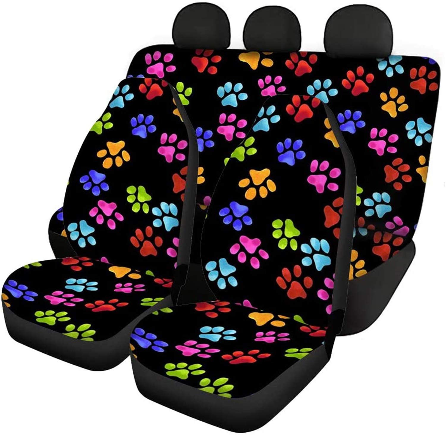 Jeiento Autositzbezug für Herren und Damen, mit buntem Hundepfoten-Druck, rutschfest, flach, Vordersitzbezug, atmungsaktiv, 4 Stück von Jeiento