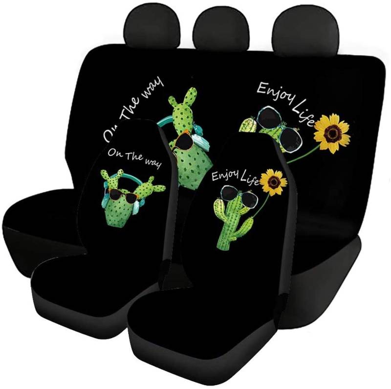 Jeiento Lustige Auto-Sitzbezüge mit Kaktus- und Sonnenblumen-Motiv, komplettes Set, universelle Passform für die meisten Autos, Limousine, SUV, LKW, Van, einfache Installation von Jeiento