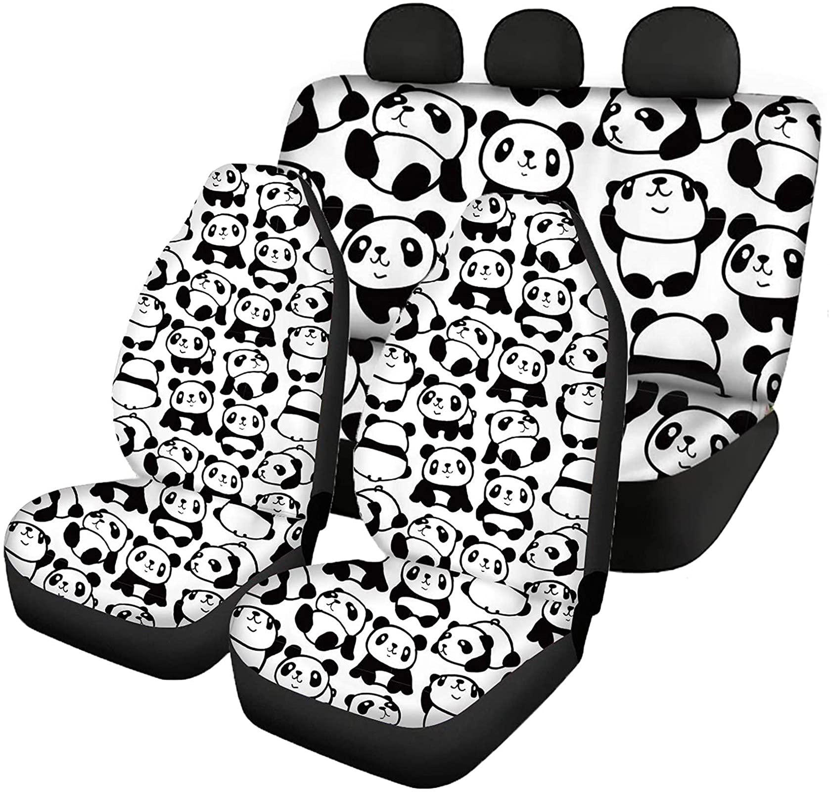 Jeiento Niedlicher Panda bedruckte Autositzbezüge für Vordersitze und Rücksitze, rutschfeste und weiche Autositzbezüge, 4 Stück, universell passend für LKWs SUV von Jeiento