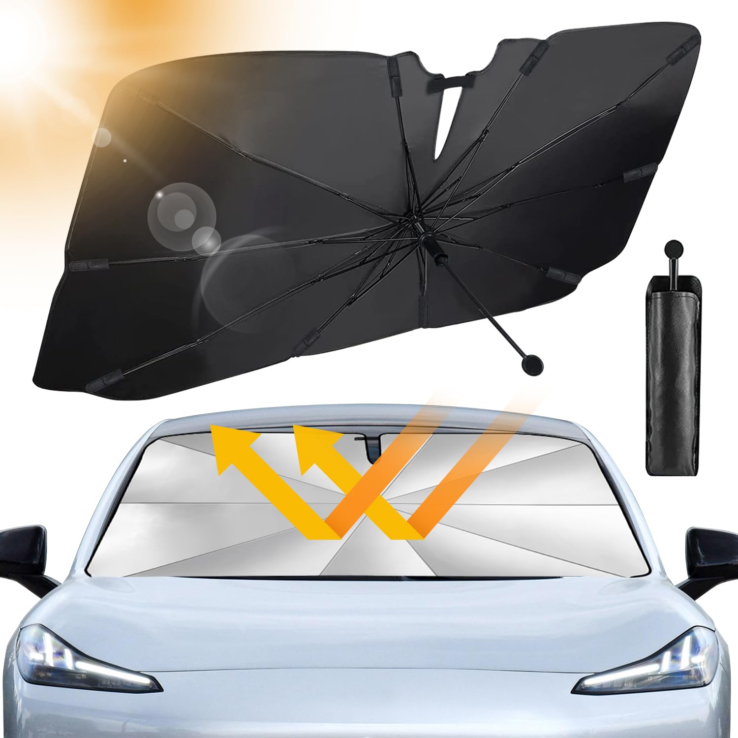 JelKen Auto Sonnenschutz Frontscheibe, 2025 Upgrade - 360° drehbarer Griff | Carbonfaser-Skelett | Effektiver UV-Schutz & Wärmeisolierung | Universal für die meisten Fahrzeuge, 140x79 cm von JelKen