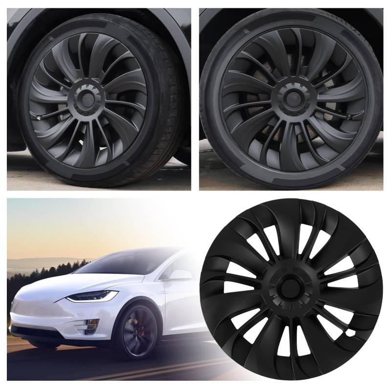 Radnabenabdeckung, 19 Zoll Radabdeckung Radkappen für Tesla Model Y 2020‑2023, 4er Set, Ersatzradabdeckungen, Radnabenabdeckung, Felgenabdeckung, Felgenschutz, Ersatz, Autozubehör (Matt-schwarz) von Jiawu