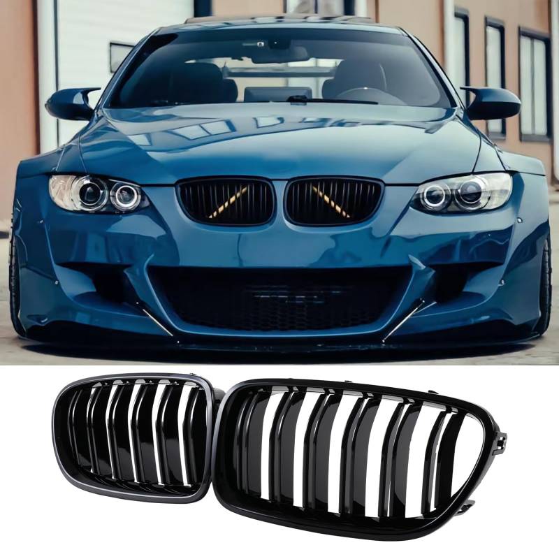 Jinpengyong E92 Kühlergrill für BMW 3er E93 Nieren Schwarz Pre-Facelift Coupe M3 Doppelsteg Glanz Schwarz Grill Vorne 2006-2009 von Jinpengyong
