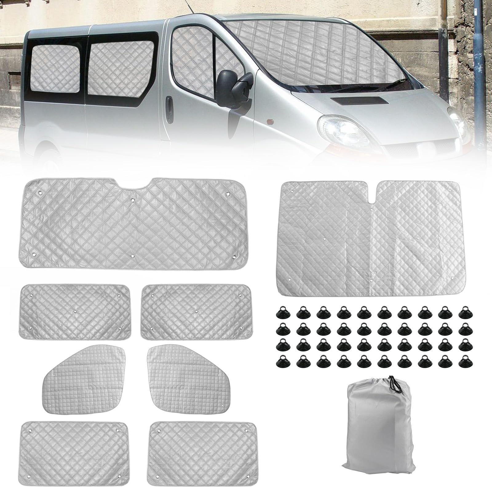 8PCS Technology Thermomatte Ersatz für Renault Trafic SWB 2001-2014, Ersatz für Opel Vivaro SWB 2001-2014, Aluminiumfolie Faltbar Sonnenblende, Sonnenschutz Frontscheibe Abdeckung von JinsenTGG