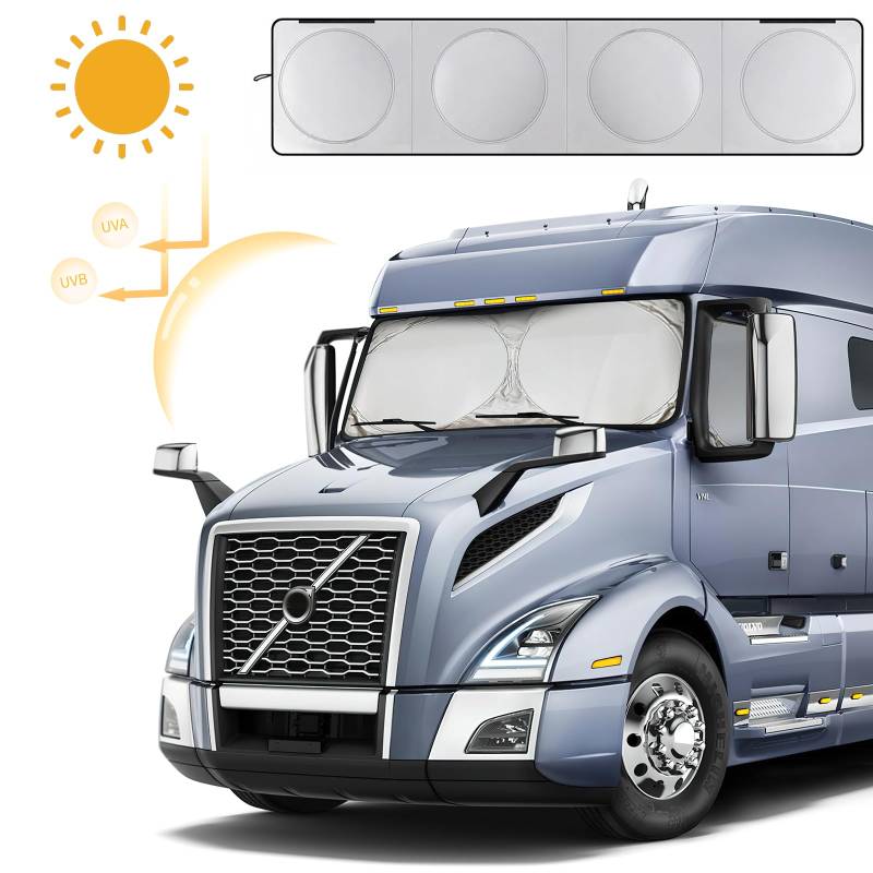 Halb LKW Sonnenschutz Kompatibel mit Freightliner, Auto Sonnenschutz Kompatibel mit Volvo, Windschutzscheibe Frontscheibe 240T UV Schutz Faltbar für Semi Commercial Big Rig Truck 100% Schattierung von JinsenTGG