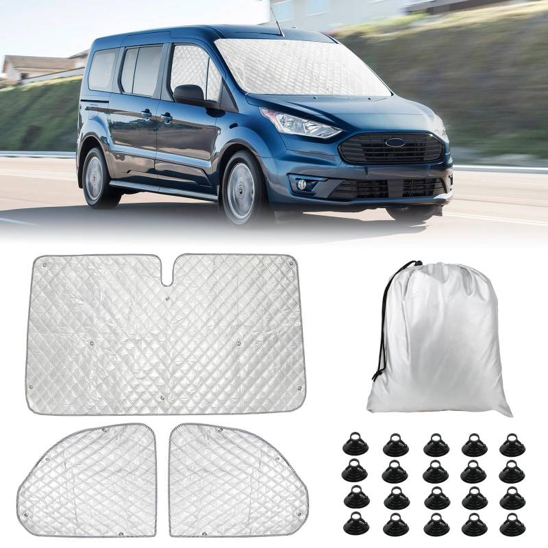 Sonnenschutz Auto Frontscheibe Kompatibel mit Ford Transit Connect 2012-2021, 3PCS Sonnenschutz Windschutzscheiben Schutz Set, Internes Thermomatte mit Aufbewahrungstasche, Faltbar Sonnenblende von JinsenTGG