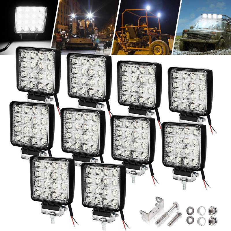 Jiubiaz LED Arbeitsscheinwerfer 10 X 48W Zusatzscheinwerfer DC 12-24V 6000K IP67 Wasserdicht Offroad Flutlicht Rückfahrscheinwerfer für Trecker KFZ Bagger SUV, UTV, ATV von Jiubiaz