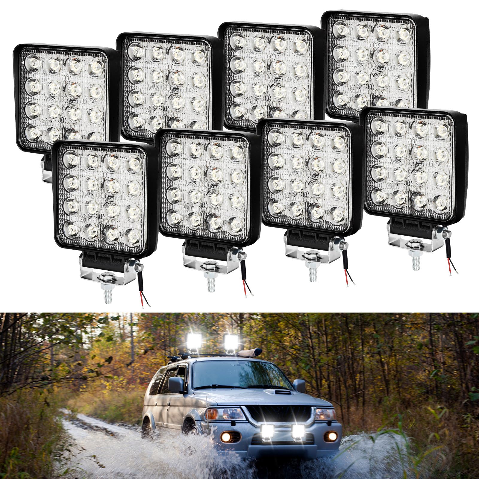 Jiubiaz LED Arbeitsscheinwerfer 8 X 48W Zusatzscheinwerfer 12V 24V 6000K IP67 Wasserdicht Offroad Scheinwerfer Rückfahrscheinwerfer für Trecker KFZ Bagger SUV, UTV, ATV von Jiubiaz