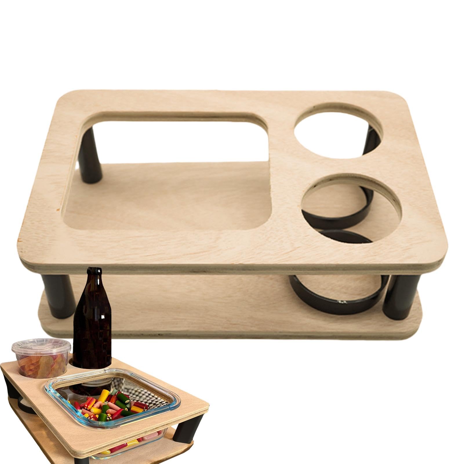 Sofa-Tablett aus Holz – Getränkehalter für Armlehne, Sofa-Tablett-Organizer | Sofa-Armlehnentablett mit Getränkehalter, doppellagiges Sofa-Organizer-Tablett Tablett von Jlobnyiun