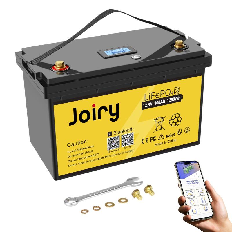 Joiry LiFePO4 12V 100Ah Bluetooth-Funktion Lithium Batterie lifepo4 Akku Max 1280W mit integriertem BMS, über 5000 Lebenszyklen, perfekt für Wohnmobil, Wohnwagen, Boot, Solaranlage, Zuhause von Joiry