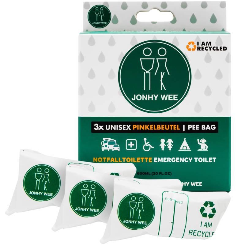 Jonhy Wee Pinkelbeutel Taschen-WC für Unterwegs 600ml 3 Stück - Notfall Toilette WC für Frauen, Kinder, Männer - Reisetoilette Auto - Camping Festival Toilette Frauen Urinal Unterwegs Urinbeutel von Jonhy Wee
