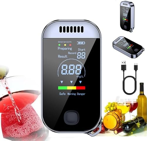 Alkoholtester Polizeigenau, Mini Alkoholtester Alkoholmessgeräte mit Digitale LED-Farbanzeige und USB-Aufladung für Den Persönlichen Gebrauch Halbleiter Sensor Alkohol Tester mit Alarm (Schwarz) von JoyFan