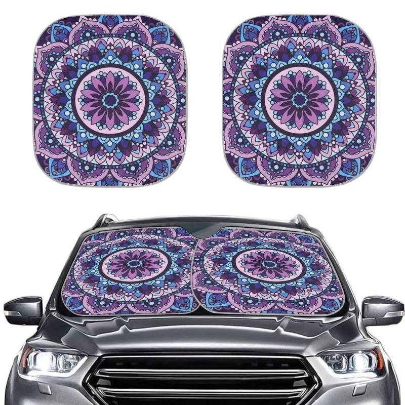 JoyLamoria 2 Stück Auto Windschutzscheibe Sonnenschutz Boho Mandala Druck Frontscheibe Auto Windschutzscheibe Sonnenschutz Faltbare Sonnenblende Silber Stoff Halten Sie Ihr Auto kühl von JoyLamoria