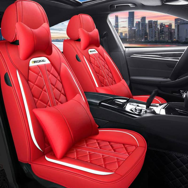 JoyRozTek Autositzbezüge Für Audi Q5 SQ5 2008-2026 PU Leder Komplettset Auto-Schonbezüge, Airbag-freundlich, Autositzbezug Set& Kopfstützenbezügen, ZT07, Rot von JoyRozTek