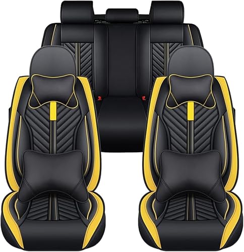 JoyRozTek Autositzbezüge Für BMW 1er 2er 3er 4er 5er 6er 7er PU Leder Komplettset Auto-Schonbezüge, Airbag-freundlich, Autositzbezug Set& Kopfstützenbezügen, ZT08, Schwarz & Gelb von JoyRozTek