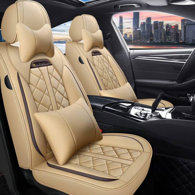 JoyRozTek Autositzbezüge Für Mercedes Benz C-Class W203 W205 W204 PU Leder Komplettset Auto-Schonbezüge, Airbag-freundlich, Autositzbezug Set& Kopfstützenbezügen, ZT07, Beige von JoyRozTek