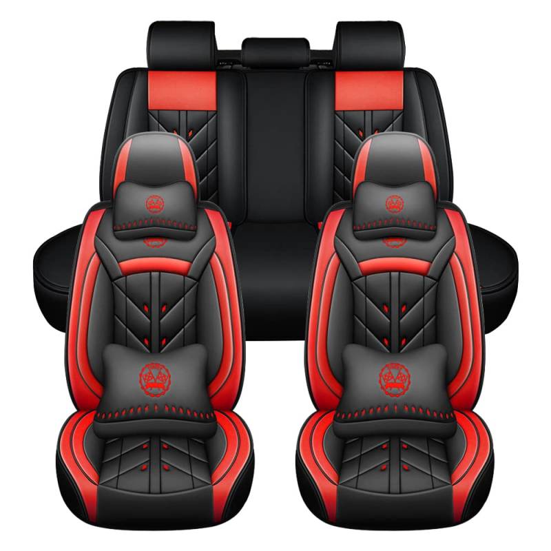 JoyRozTek Autositzbezüge Für Nissan Navara 2004-2026 PU Leder Komplettset Auto-Schonbezüge, Airbag-freundlich, Autositzbezug Set& Kopfstützenbezügen, ZT06, Schwarz & Rot von JoyRozTek