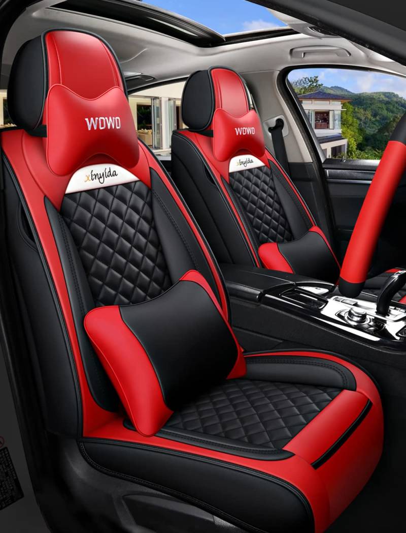 JoyRozTek Autositzbezüge Für SEAT Alhambra PU Leder Komplettset Auto-Schonbezüge, Airbag-freundlich, Autositzbezug Set& Kopfstützenbezügen, ZT03-Schwarz & Rot von JoyRozTek