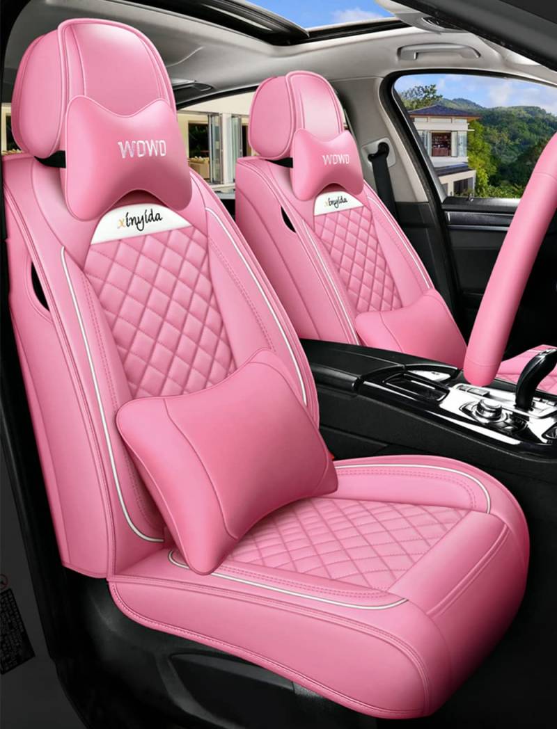 JoyRozTek Autositzbezüge Für Skoda Fabia 2007-2026 PU Leder Komplettset Auto-Schonbezüge, Airbag-freundlich, Autositzbezug Set& Kopfstützenbezügen, ZT03-Rosa von JoyRozTek