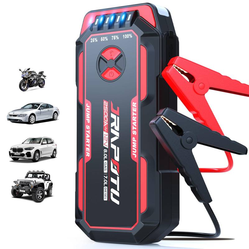 JRAPOTU Starthilfe Powerbank, 2500A Auto Starthilfe für 12V Fahrzeuge(Bis Zu 8,0L Benzin Oder 7L Diesel),Starter Powerbank mit LED,Auto Batterie Booster für SUV Motorrad Rasenmäher von Jrapotu