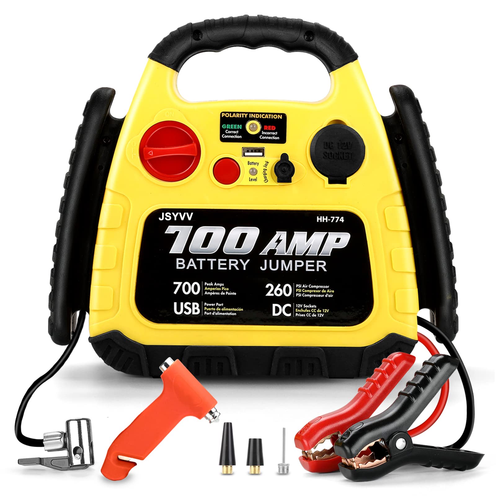 Auto Starthilfe Powerbank mit Luftkompressor (260PSI), 1000A Peak 12V Autostarter mit Tragbare USB, DC Port, Batterie Booster Überbrückungskabel für 3L -Diesel und 3L -Benzinmotor von Jsyvv