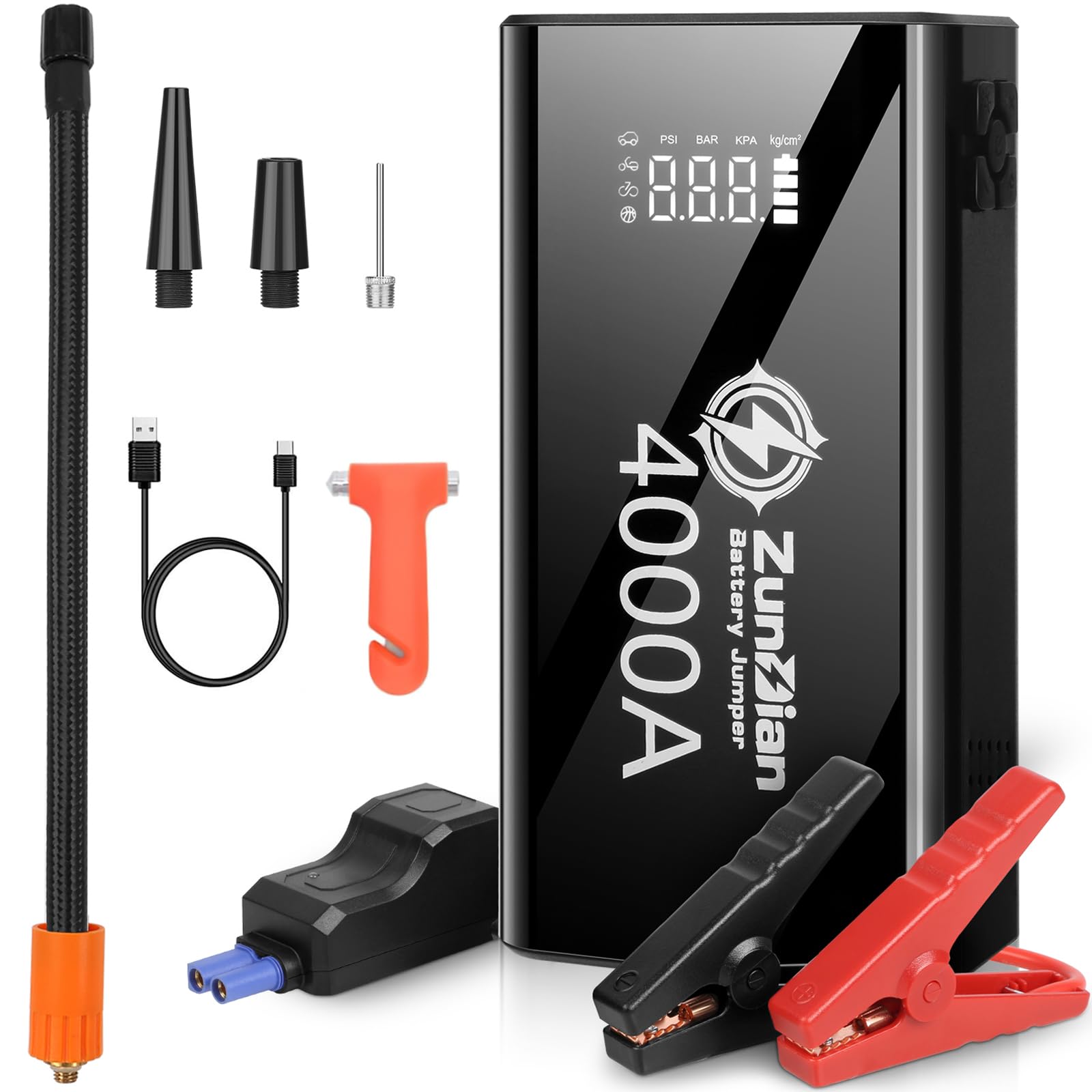 4000A Starthilfe Powerbank mit 150PSI Kompressor, 4-in-1 Auto Starthilfe Powerbank, 12V Jump Starter für 8.0L Benzin und 6.0L Dieselmotor, Batterie Booster intelligentem Kabel, LED Taschenlampe,QC 3.0 von Jsyvv