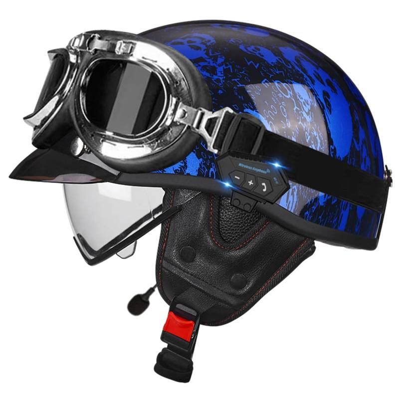 Bluetooth Motorrad Halbhelme Retro Deutscher Stil Halbhelm Halbschalenhelm JetHelm mit Brille ECEDOT Zulassung Damen Herren Cruiser Anti-Collision Helm Offener Bluetooth Helm 6,L=59~60CM von JunPing