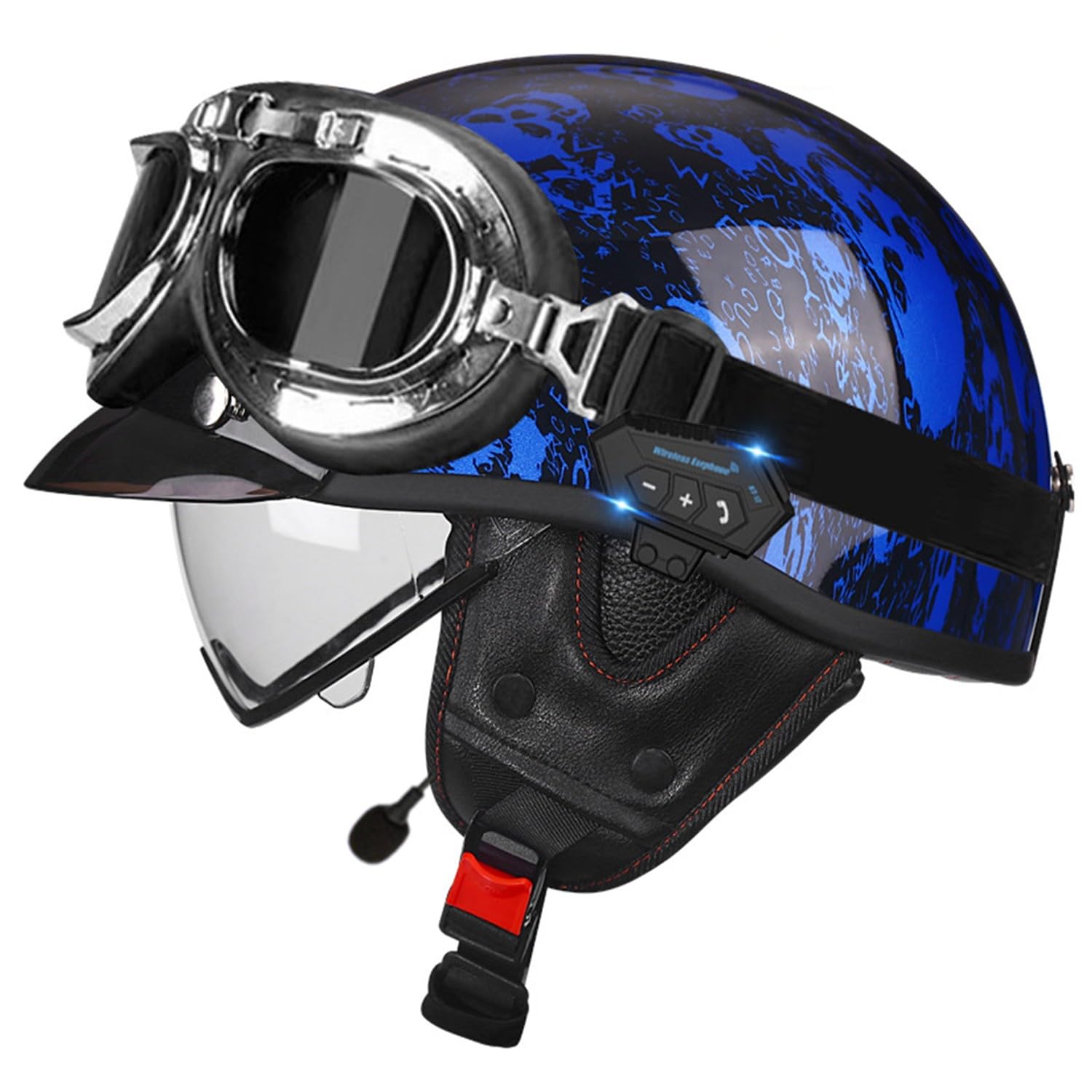 Bluetooth Motorrad Halbhelme Retro Deutscher Stil Halbhelm Halbschalenhelm JetHelm mit Brille ECEDOT Zulassung Damen Herren Cruiser Anti-Collision Helm Offener Bluetooth Helm 6,M=57~58CM von JunPing
