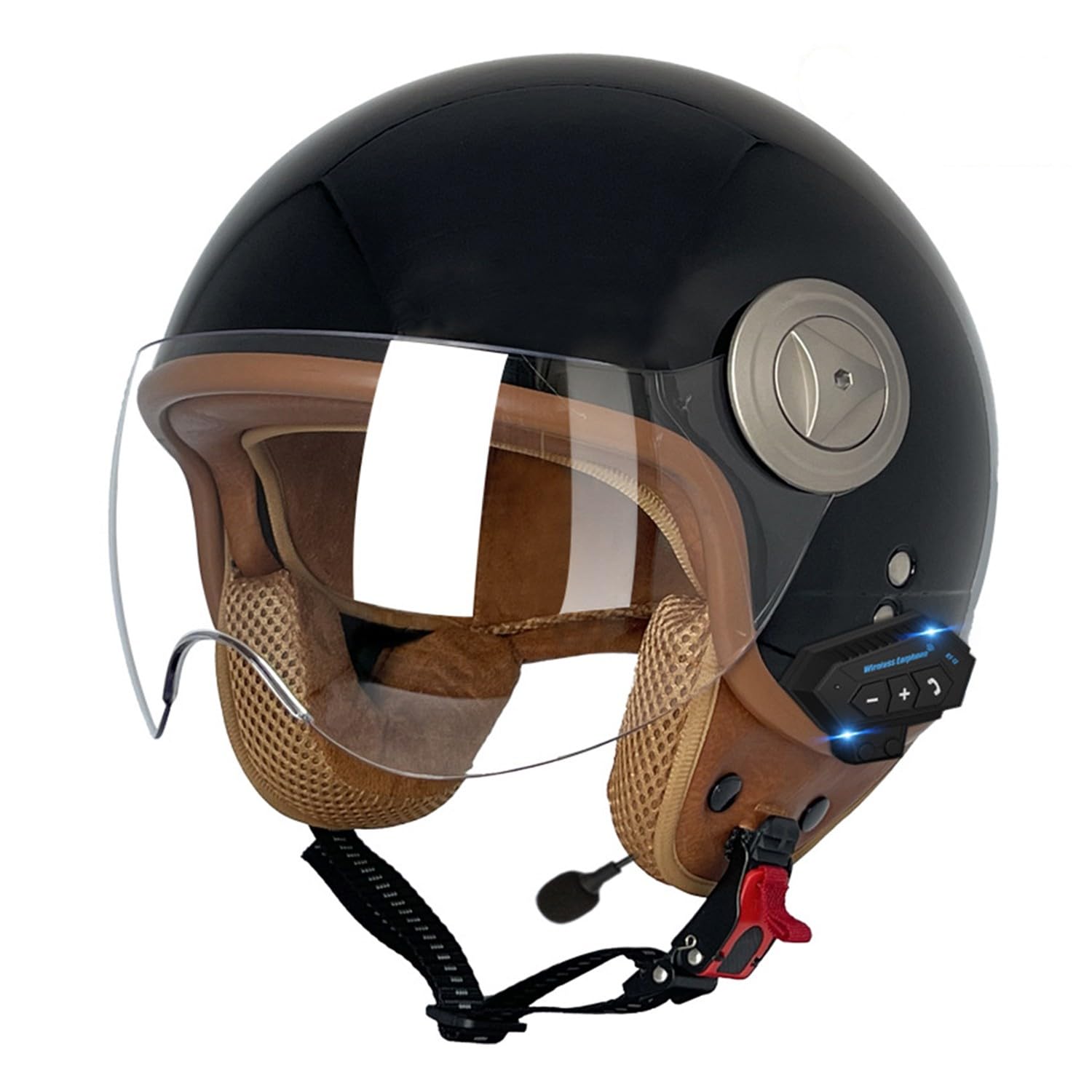 Retro Motorrad Halbhelme MotorradHelm Jethelm Mit Klare Linsen Bluetooth-Helm DOTECE-Zugelassen Halbschalenhelm Offenem Helm für Cruiser Moped Scooter Helm Unisex 1,L=59~60CM von JunPing