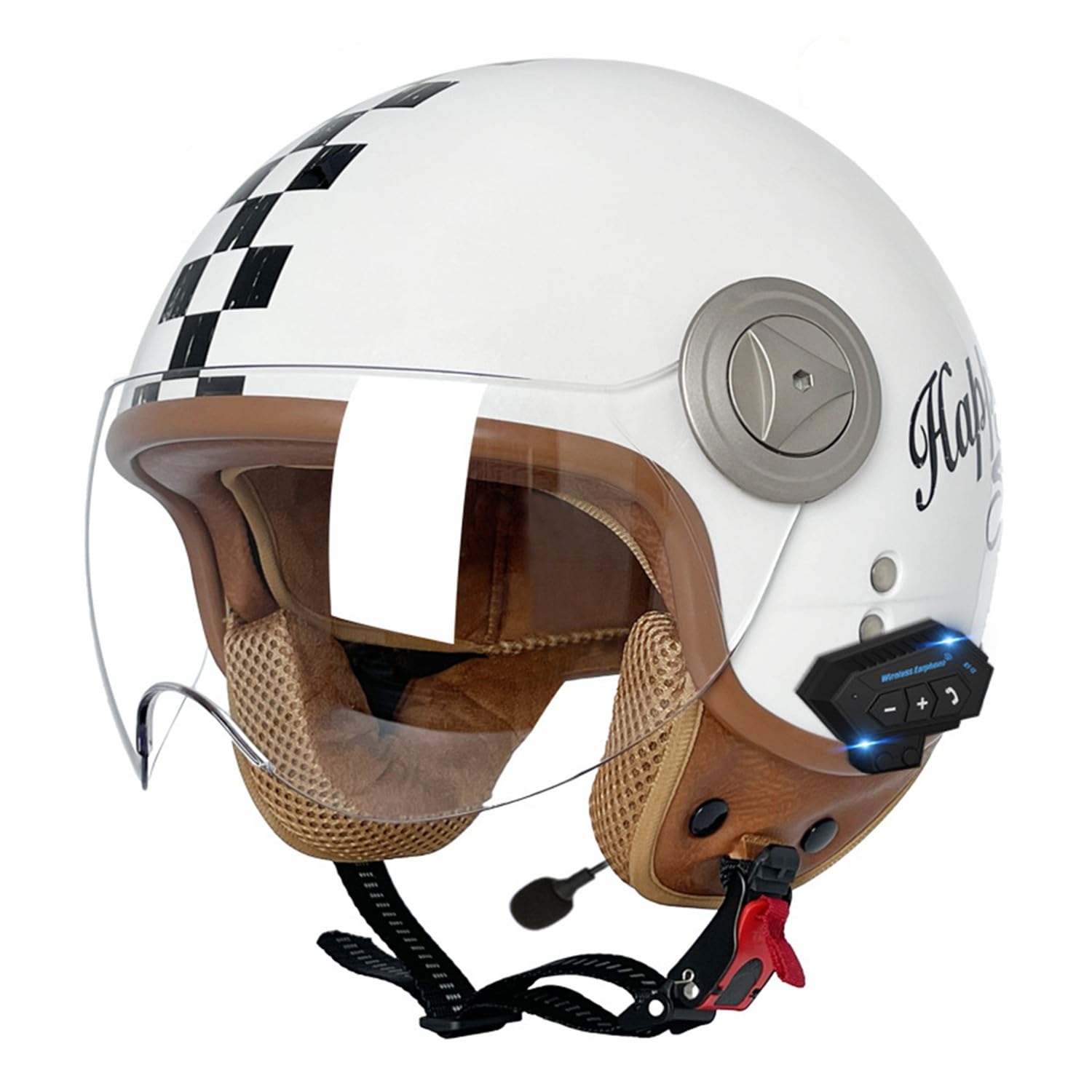 Retro Motorrad Halbhelme MotorradHelm Jethelm Mit Klare Linsen Bluetooth-Helm DOTECE-Zugelassen Halbschalenhelm Offenem Helm für Cruiser Moped Scooter Helm Unisex 10,L=59~60CM von JunPing
