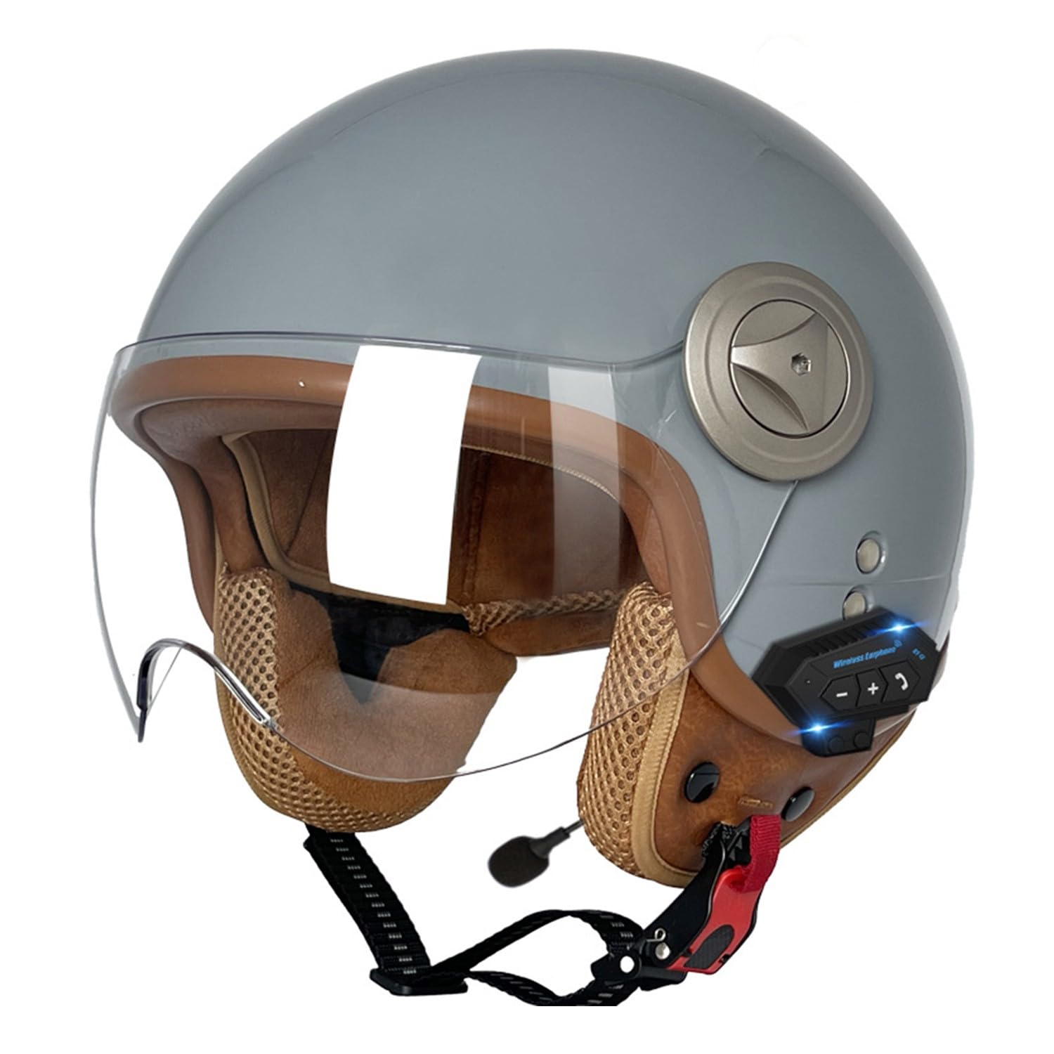 Retro Motorrad Halbhelme MotorradHelm Jethelm Mit Klare Linsen Bluetooth-Helm DOTECE-Zugelassen Halbschalenhelm Offenem Helm für Cruiser Moped Scooter Helm Unisex 11,L=59~60CM von JunPing