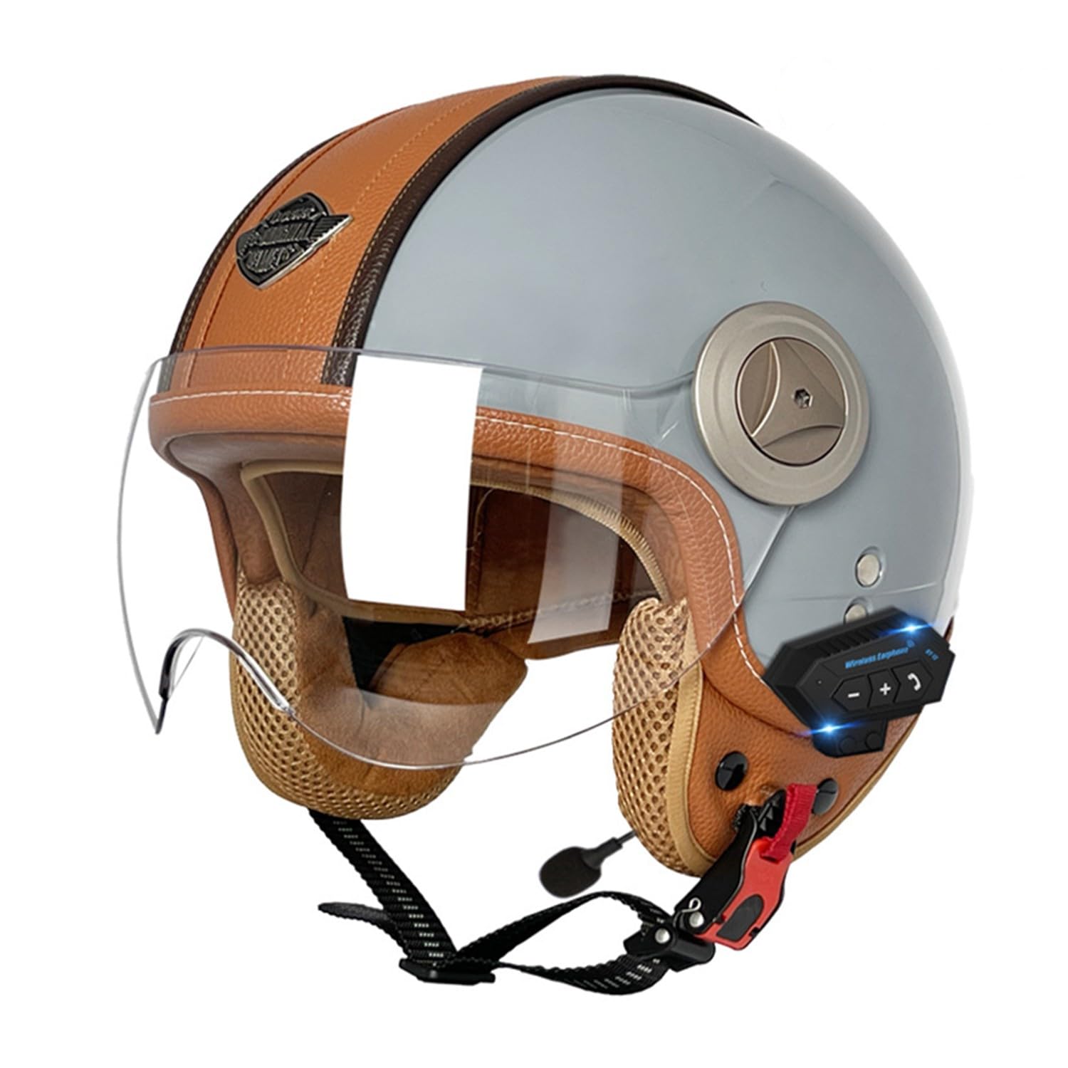 Retro Motorrad Halbhelme MotorradHelm Jethelm Mit Klare Linsen Bluetooth-Helm DOTECE-Zugelassen Halbschalenhelm Offenem Helm für Cruiser Moped Scooter Helm Unisex 12,L=59~60CM von JunPing