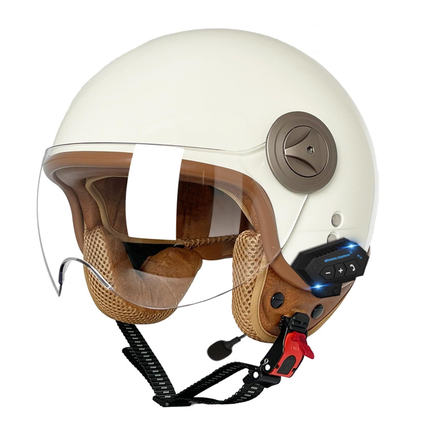 Retro Motorrad Halbhelme MotorradHelm Jethelm Mit Klare Linsen Bluetooth-Helm DOTECE-Zugelassen Halbschalenhelm Offenem Helm für Cruiser Moped Scooter Helm Unisex 13,M=57~58CM von JunPing
