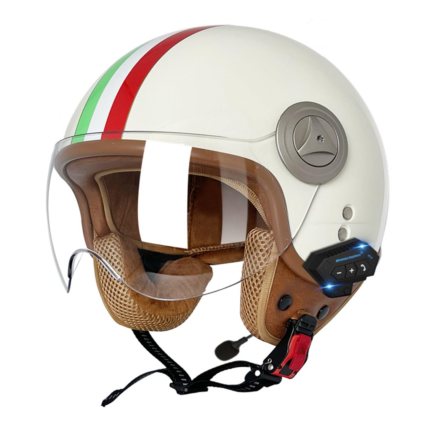 Retro Motorrad Halbhelme MotorradHelm Jethelm Mit Klare Linsen Bluetooth-Helm DOTECE-Zugelassen Halbschalenhelm Offenem Helm für Cruiser Moped Scooter Helm Unisex 14,L=59~60CM von JunPing
