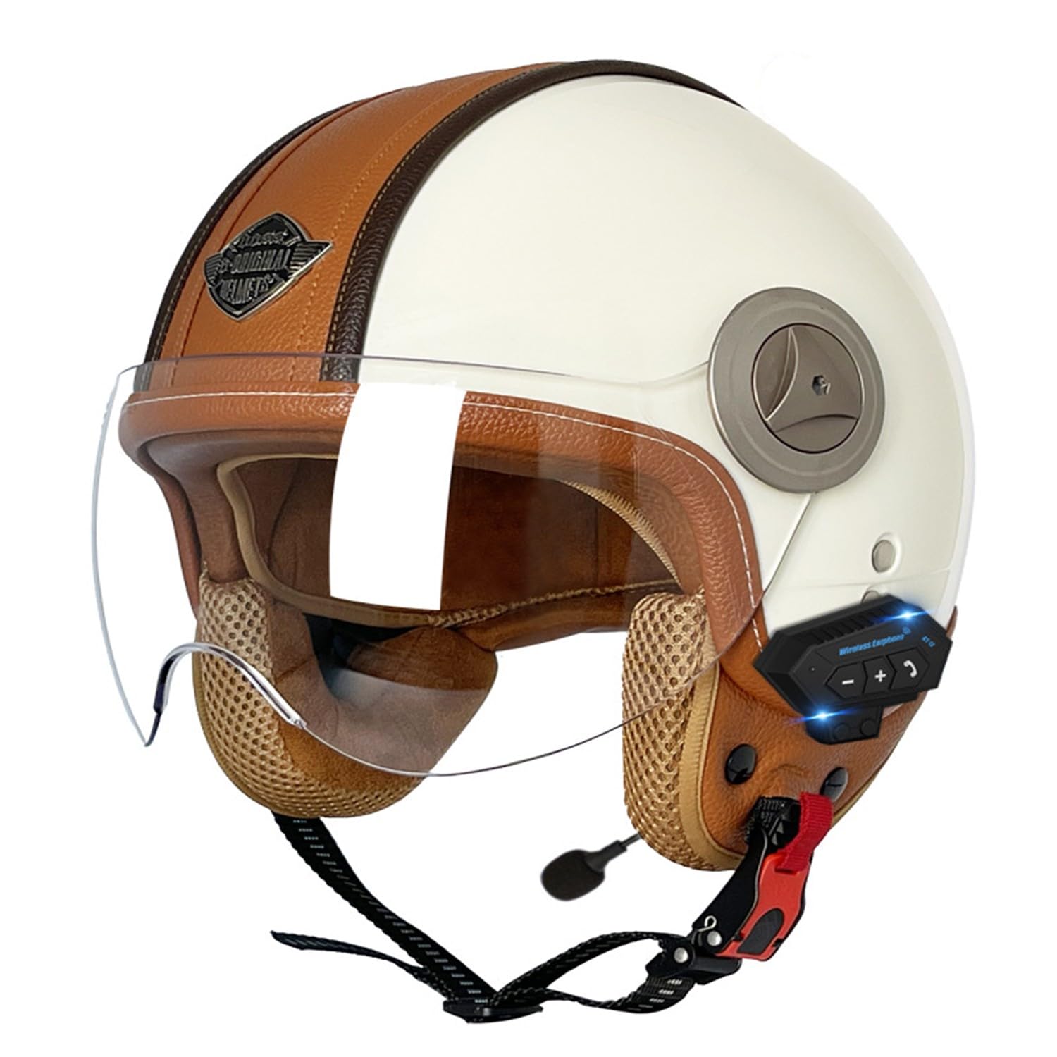 Retro Motorrad Halbhelme MotorradHelm Jethelm Mit Klare Linsen Bluetooth-Helm DOTECE-Zugelassen Halbschalenhelm Offenem Helm für Cruiser Moped Scooter Helm Unisex 15,L=59~60CM von JunPing
