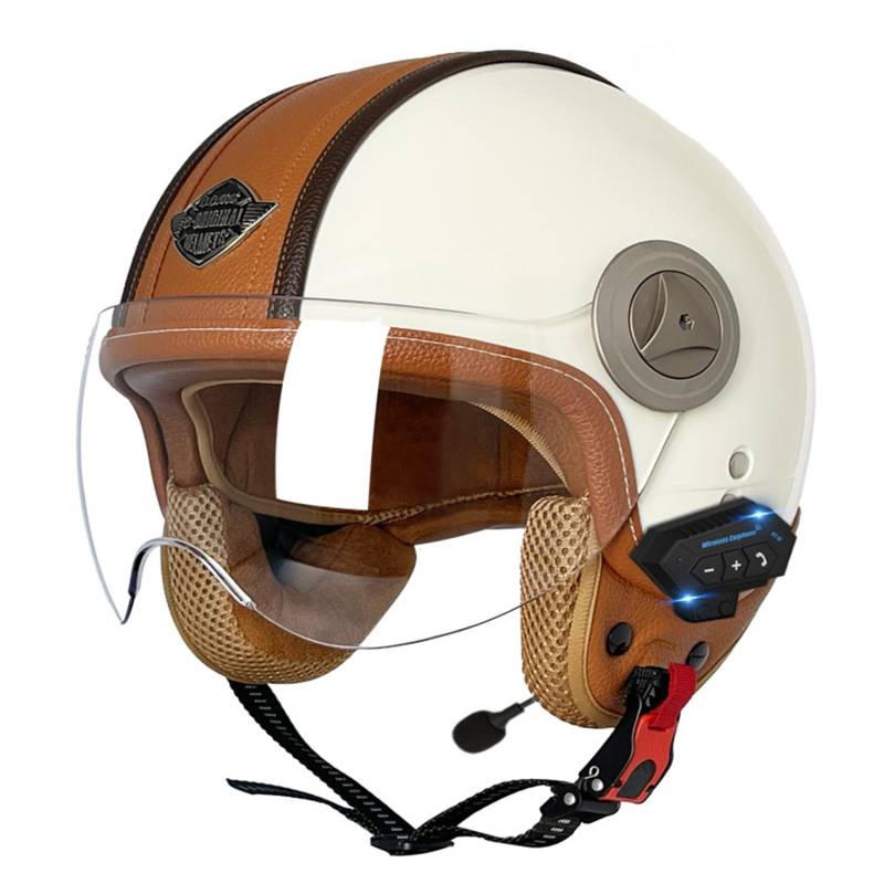 Retro Motorrad Halbhelme MotorradHelm Jethelm Mit Klare Linsen Bluetooth-Helm DOTECE-Zugelassen Halbschalenhelm Offenem Helm für Cruiser Moped Scooter Helm Unisex 15,L=59~60CM von JunPing