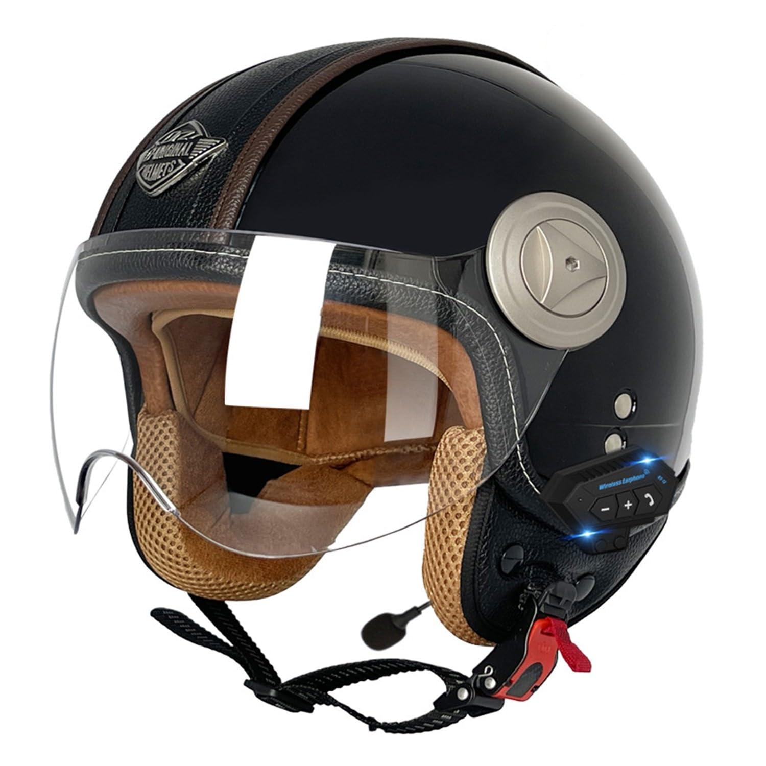 Retro Motorrad Halbhelme MotorradHelm Jethelm Mit Klare Linsen Bluetooth-Helm DOTECE-Zugelassen Halbschalenhelm Offenem Helm für Cruiser Moped Scooter Helm Unisex 3,L=59~60CM von JunPing