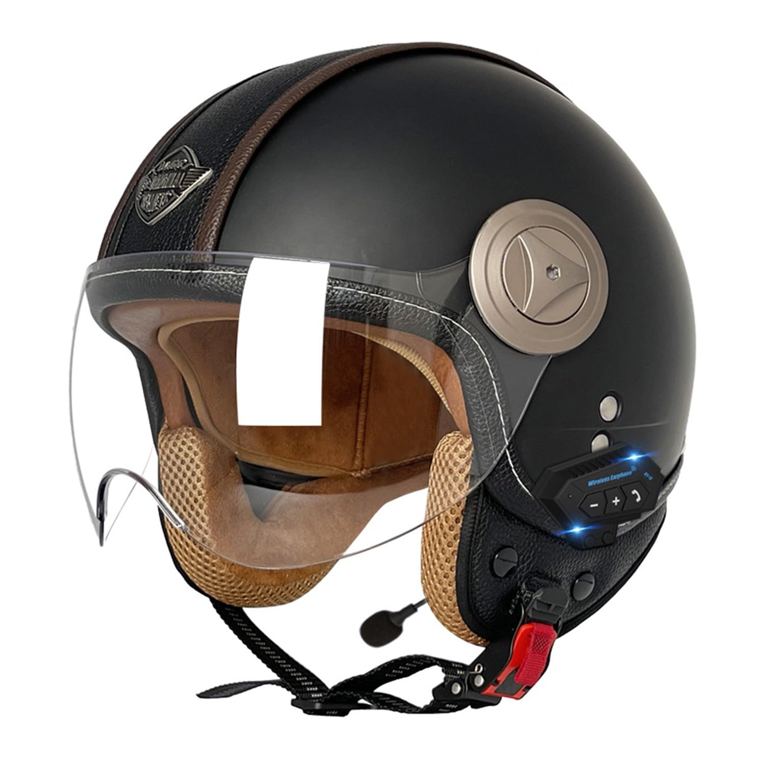 Retro Motorrad Halbhelme MotorradHelm Jethelm Mit Klare Linsen Bluetooth-Helm DOTECE-Zugelassen Halbschalenhelm Offenem Helm für Cruiser Moped Scooter Helm Unisex 4,L=59~60CM von JunPing