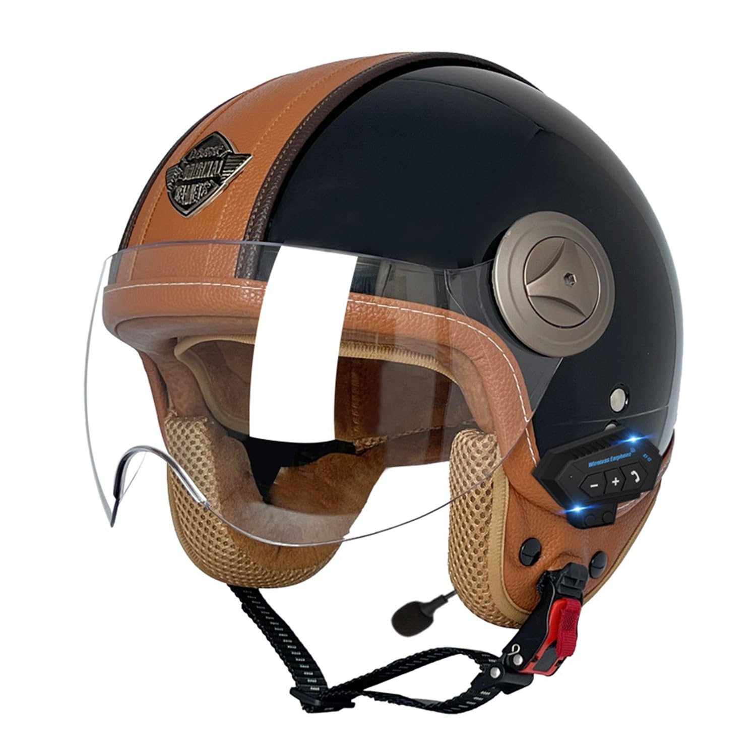 Retro Motorrad Halbhelme MotorradHelm Jethelm Mit Klare Linsen Bluetooth-Helm DOTECE-Zugelassen Halbschalenhelm Offenem Helm für Cruiser Moped Scooter Helm Unisex 5,L=59~60CM von JunPing