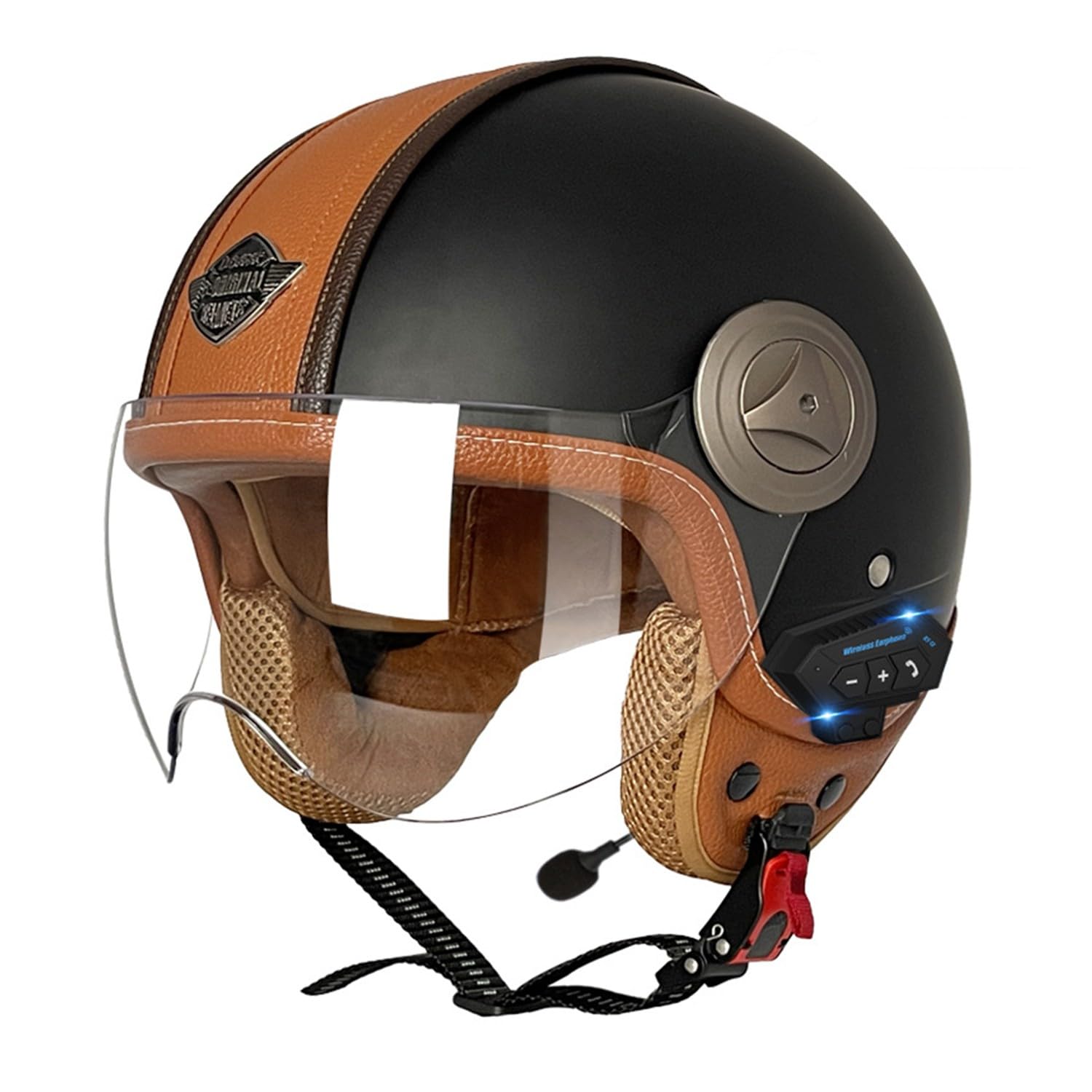 Retro Motorrad Halbhelme MotorradHelm Jethelm Mit Klare Linsen Bluetooth-Helm DOTECE-Zugelassen Halbschalenhelm Offenem Helm für Cruiser Moped Scooter Helm Unisex 6,L=59~60CM von JunPing