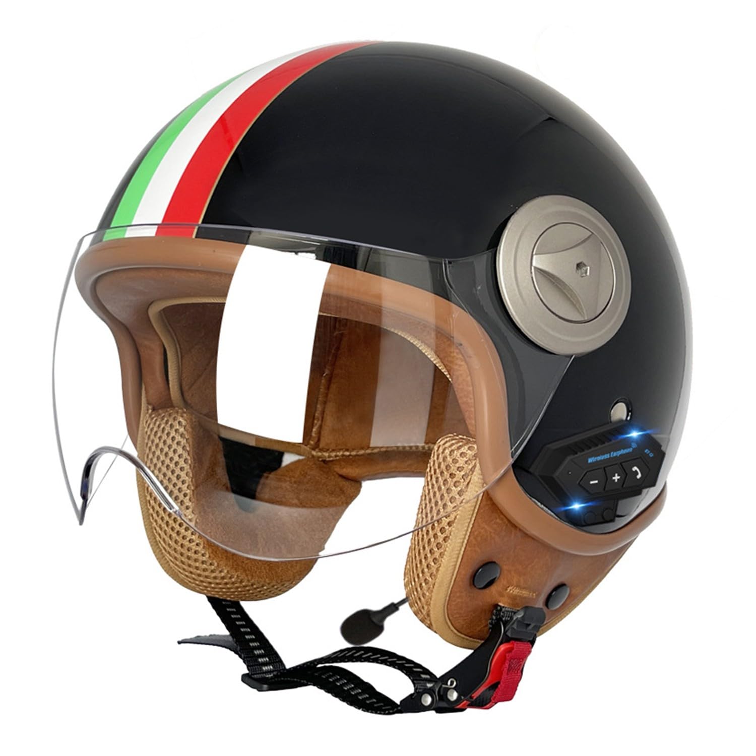 Retro Motorrad Halbhelme MotorradHelm Jethelm Mit Klare Linsen Bluetooth-Helm DOTECE-Zugelassen Halbschalenhelm Offenem Helm für Cruiser Moped Scooter Helm Unisex 7,L=59~60CM von JunPing