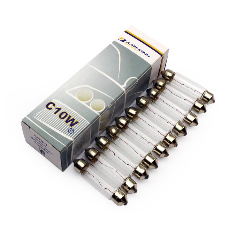 Jurmann Trade GmbH * PRAKTISCHES SET * - 10 Stück - C10W - SV8.5-8 41mm S8.5 12Volt 10Watt KFZ Beleuchtung - LONGLIFE - Glühlampe, Glassockellampe, Glühbirne, Soffitte, Autolampen WERKSTATTWARE von Jurmann Trade GmbH