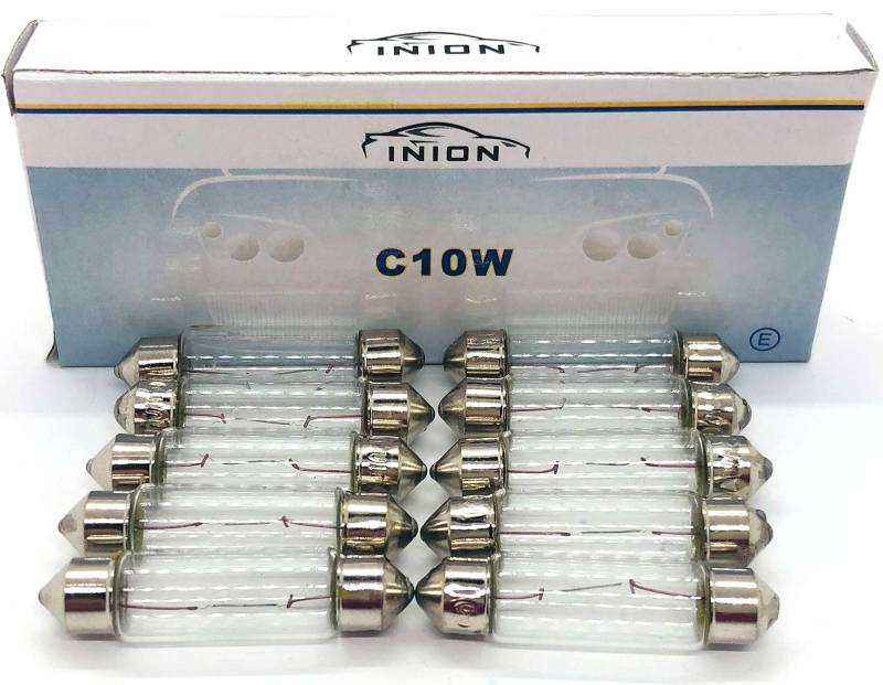 10 Stück - C10W - 41mm - 12V - 10W - KFZ Beleuchtung - LONGLIFE - Glühlampe, Glassockellampe, Glühbirne, Soffitte, Autolampen WERKSTATTWARE. Mit E-Prüfzeichen und ist für den Straßenverkehr zugelassen von Jurmann Trade GmbH