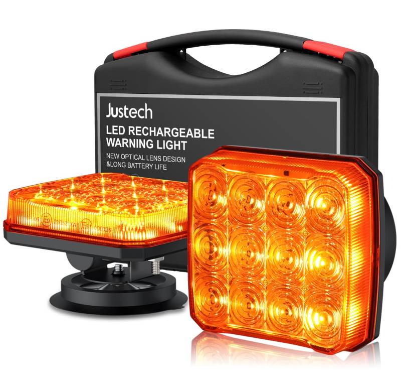 Justech 2PCS Wiederaufladbare Warnleuchte LED-Stroboskoplichter 12V/24V Magnetisch Warnleuchte Warnlicht, IP65 Wasserdicht Notfalllicht Auto-Blitzlicht mit 18 Blitzmodi für Lastwagen, Traktoren E-Mark von Justech