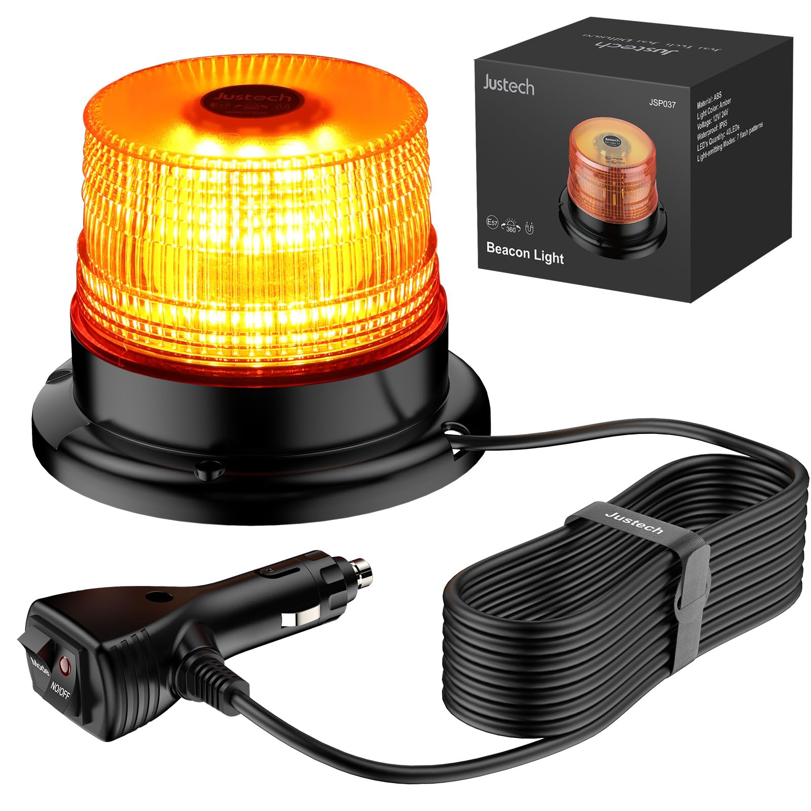 Justech 40 LED Rundumleuchte Blitzleuchte 7 modus mit 5m Netzkabel Doppelter Schraube 12/24V Amber Warnleuchte Magnetische Notfallblinklampe Wiederherstellungswarnung gelbes Licht der Decke von Justech